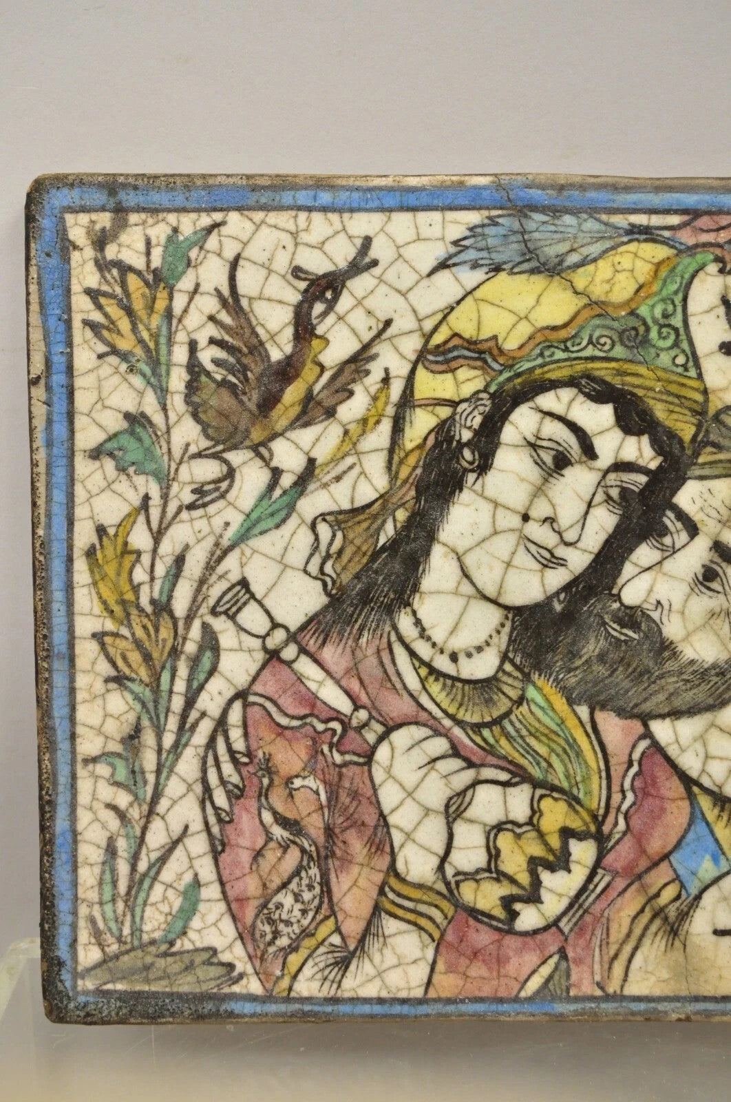 Antique Persian Iznik Qajar Style Ceramic Pottery Tile Bearded Man and Woman C2