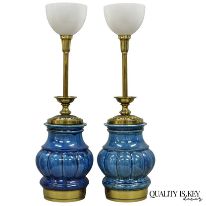 Stiffel Mid Century Modern Blue Crackle Glazed Ceramic Brass Table Lamps