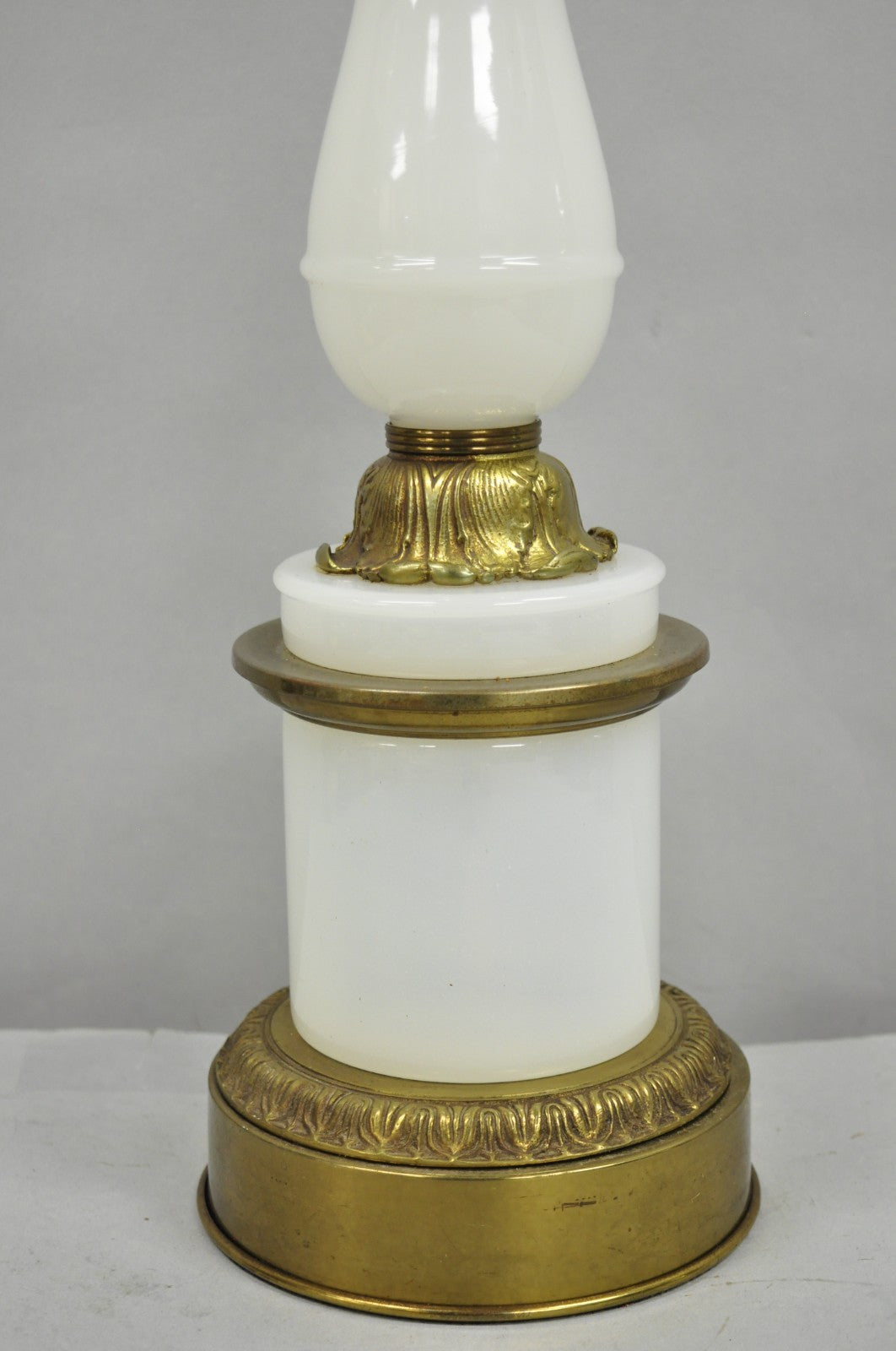 Vintage French Neoclassical Style White Opaline Glass Column Brass Table Lamp