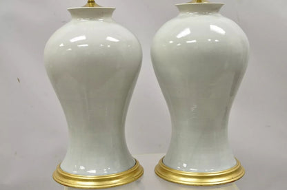 Chinoiserie Porcelain Celadon Green Glazed Ceramic Temple Jar Table Lamps - Pair
