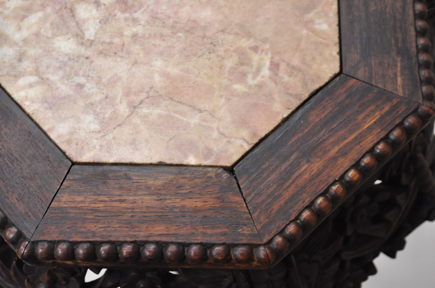 Antique Chinese Carved Hardwood Marble Top Oriental Plant Stand Side Table