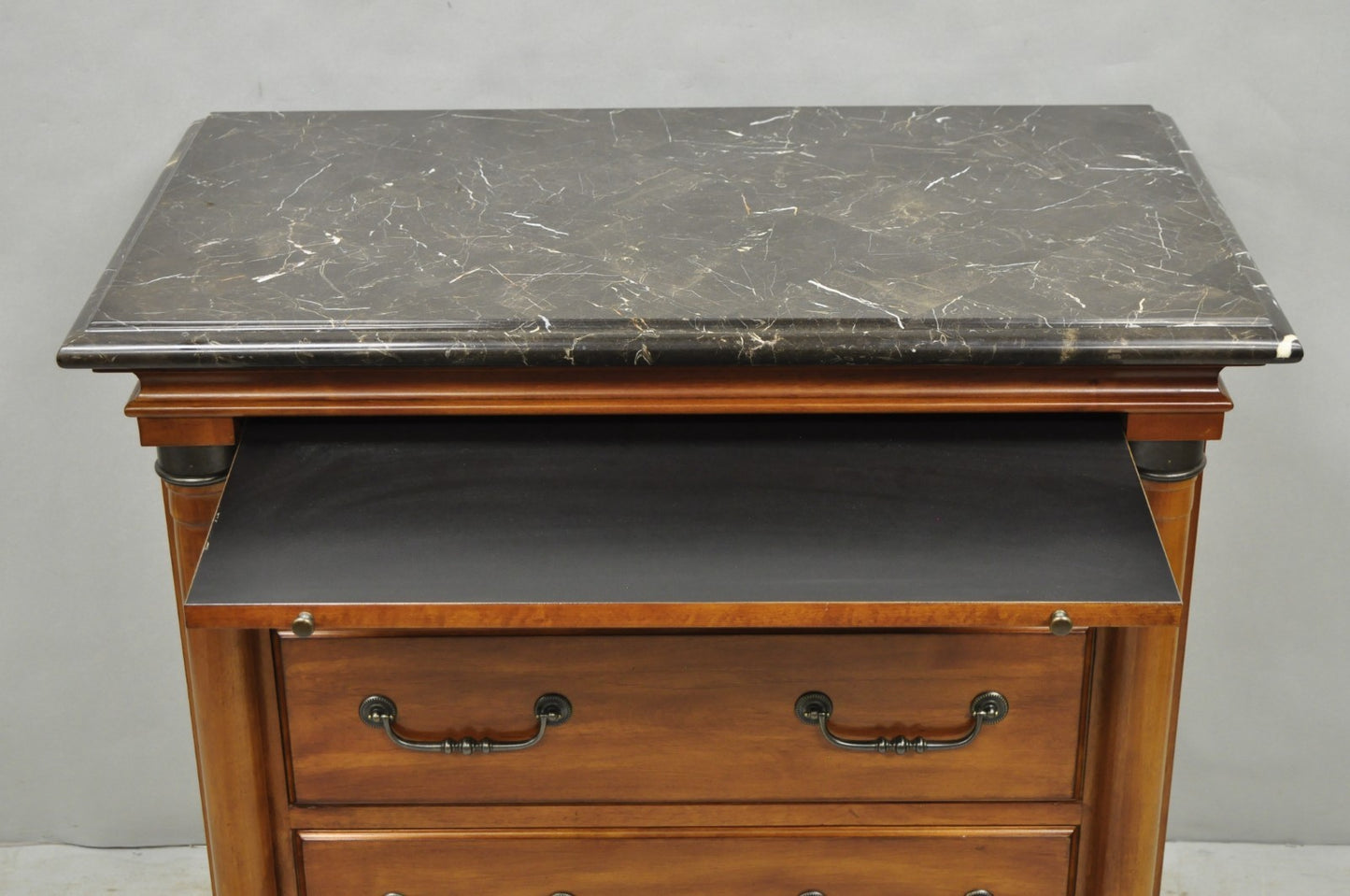 Kincaid French Country Cherry Wood 3 Drawer Marble Top Nightstand Bedside Table
