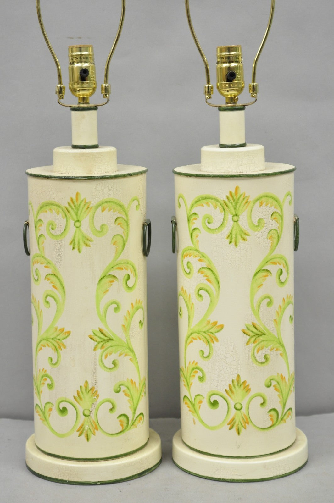 French Country Cream & Green Distressed Tole Metal Cylinder Table Lamps - a Pair