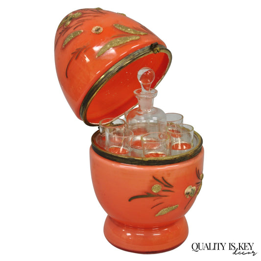 Art Deco Czech Glass Egg Orange Coralene Hinged Liquor Tantalus Cordial Set