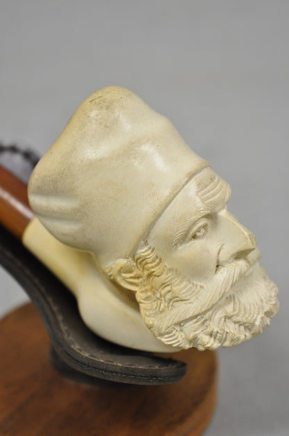 Vintage Turkish Meerschaum Figural Hand Carved Bearded Man Pipe on Walnut Stand