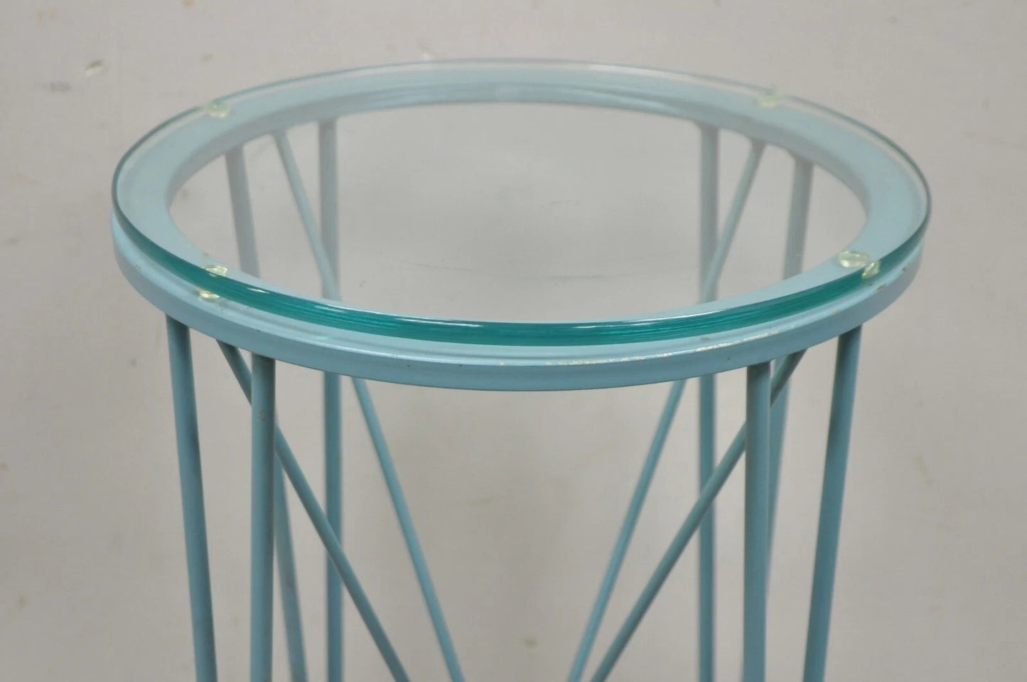 Postmodern Blue Wrought Iron "Skyscraper" Glass Top Pedestal Stand Side Table