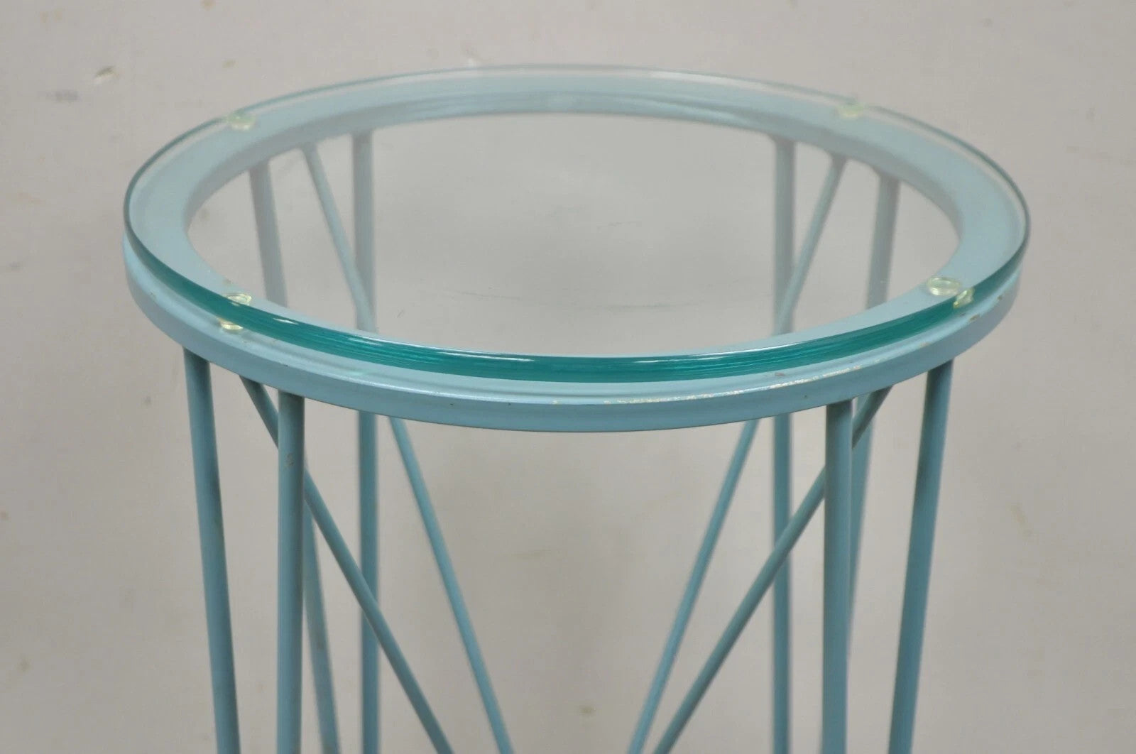 Postmodern Blue Wrought Iron "Skyscraper" Glass Top Pedestal Stand Side Table