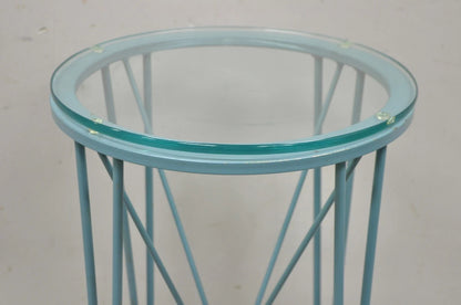 Postmodern Blue Wrought Iron "Skyscraper" Glass Top Pedestal Stand Side Table