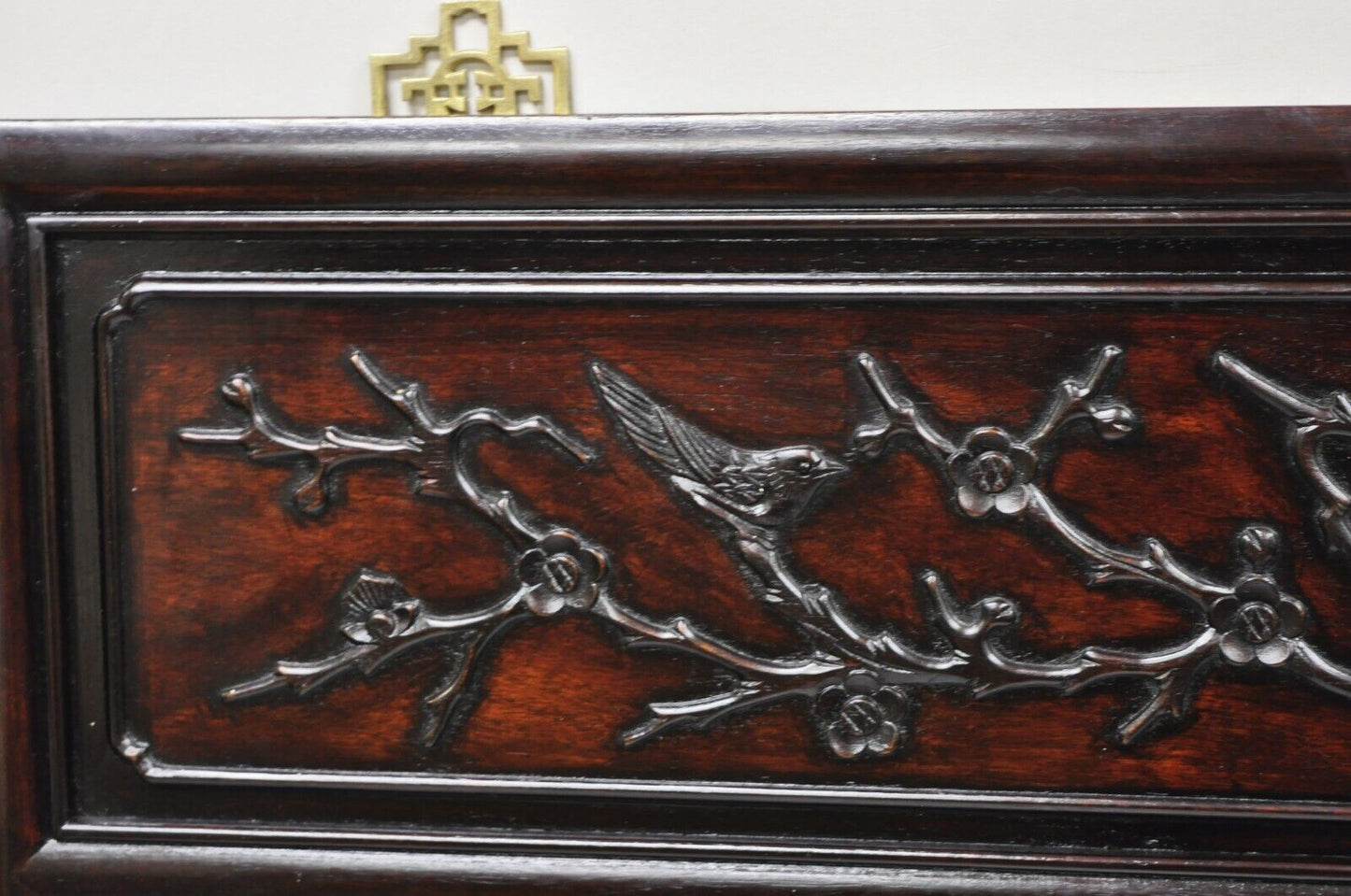 Vintage Chinese Bird Carved Hardwood Mahogany Rectangular Oriental Wall Mirror