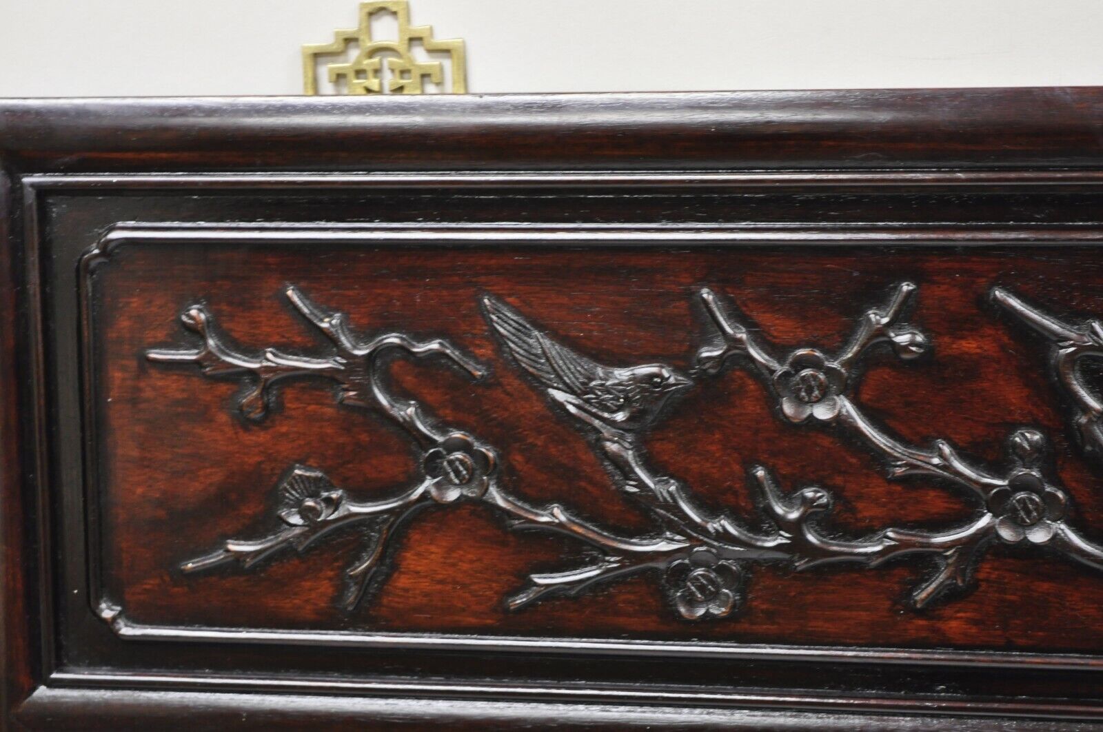 Vintage Chinese Bird Carved Hardwood Mahogany Rectangular Oriental Wall Mirror