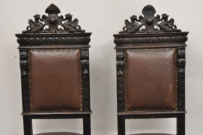 Antique Spanish Renaissance Carved Oak Wood Figural Leather Side Chairs - a Pair
