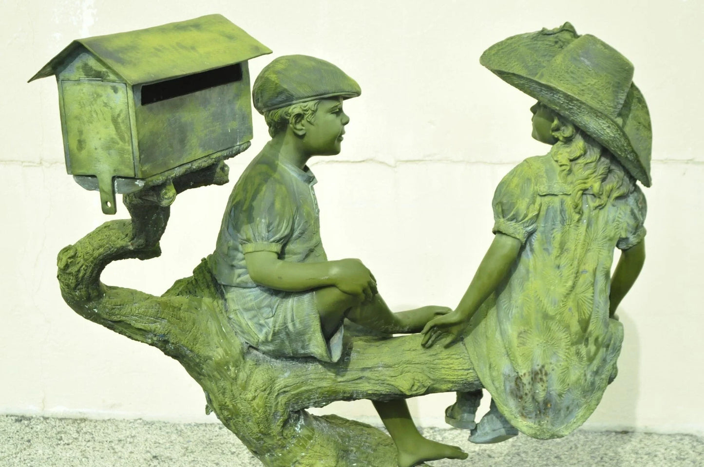 Jim Davidson Large Bronze Verdigris Mailbox Garden Statue Boy and Girl on Tree