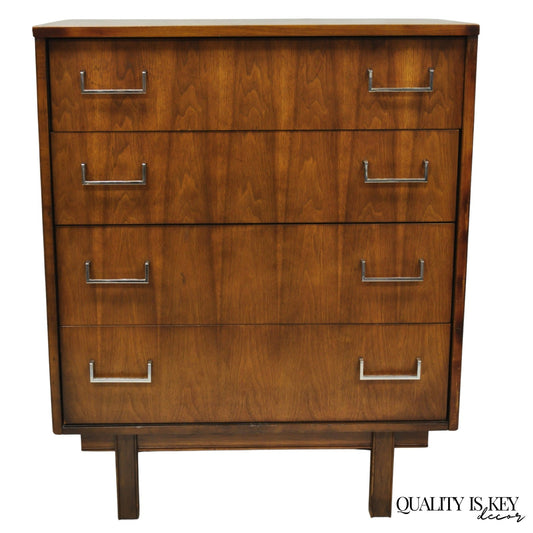 Vintage Mid Century Modern Walnut Veneer 4 Drawer Chrome Pull Tall Chest Dresser