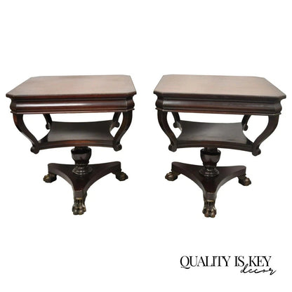 Vintage French Empire Style Mahogany 2 Tier Paw Feet Side End Tables - a Pair