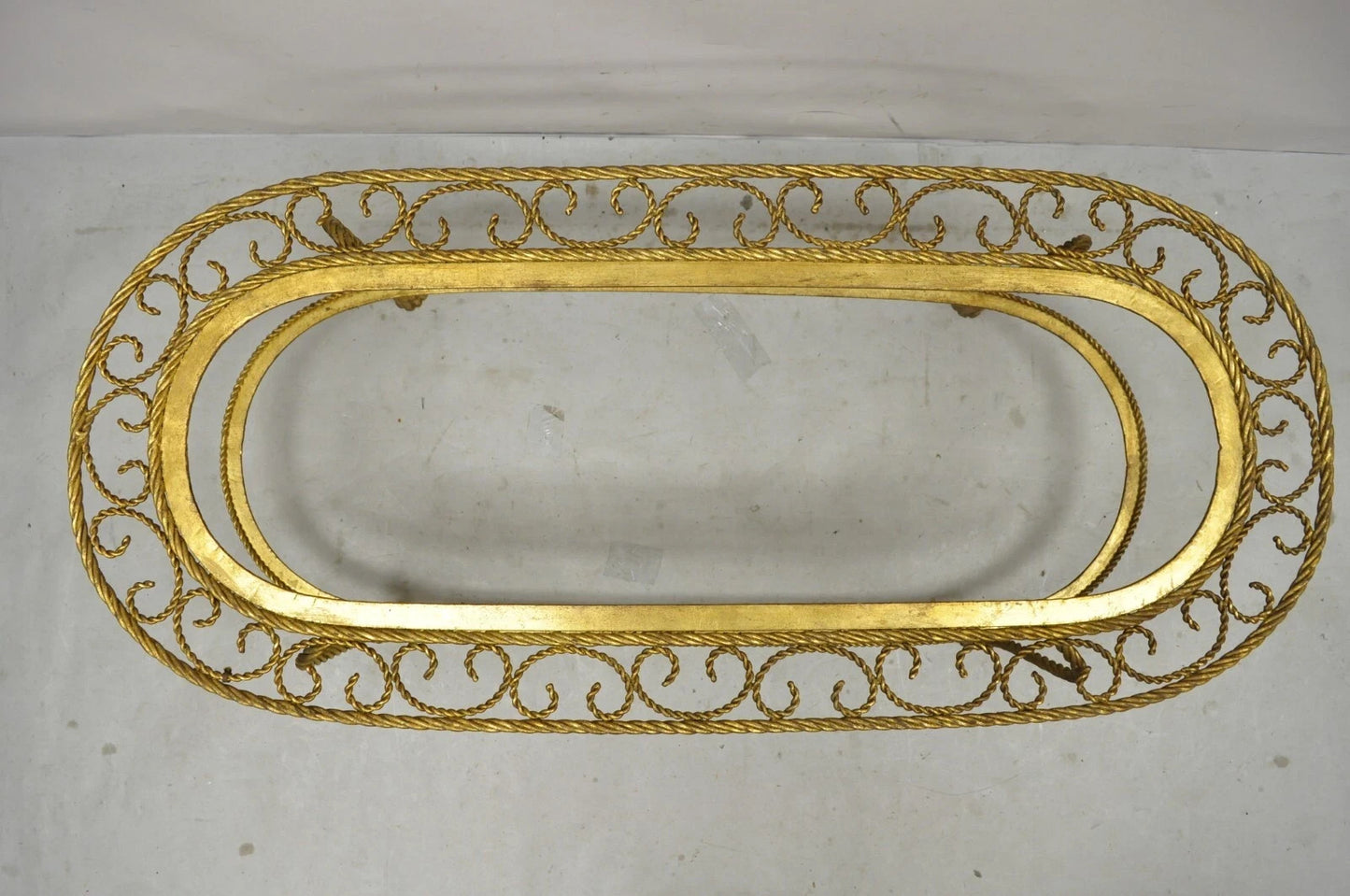 Italian Hollywood Regency Gold Gilt Iron Oval 2 Tier Rope Tassel Coffee Table