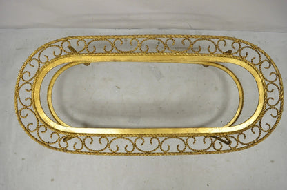 Italian Hollywood Regency Gold Gilt Iron Oval 2 Tier Rope Tassel Coffee Table