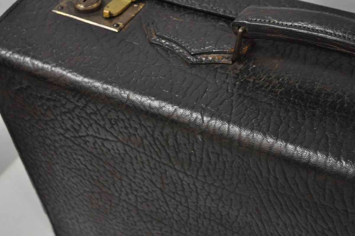Vintage German Art Deco Dark Brown Black Buffalo Leather Travel Suitcase Luggage