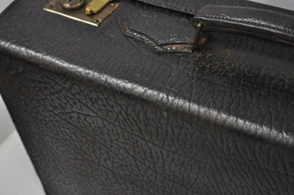 Vintage German Art Deco Dark Brown Black Buffalo Leather Travel Suitcase Luggage