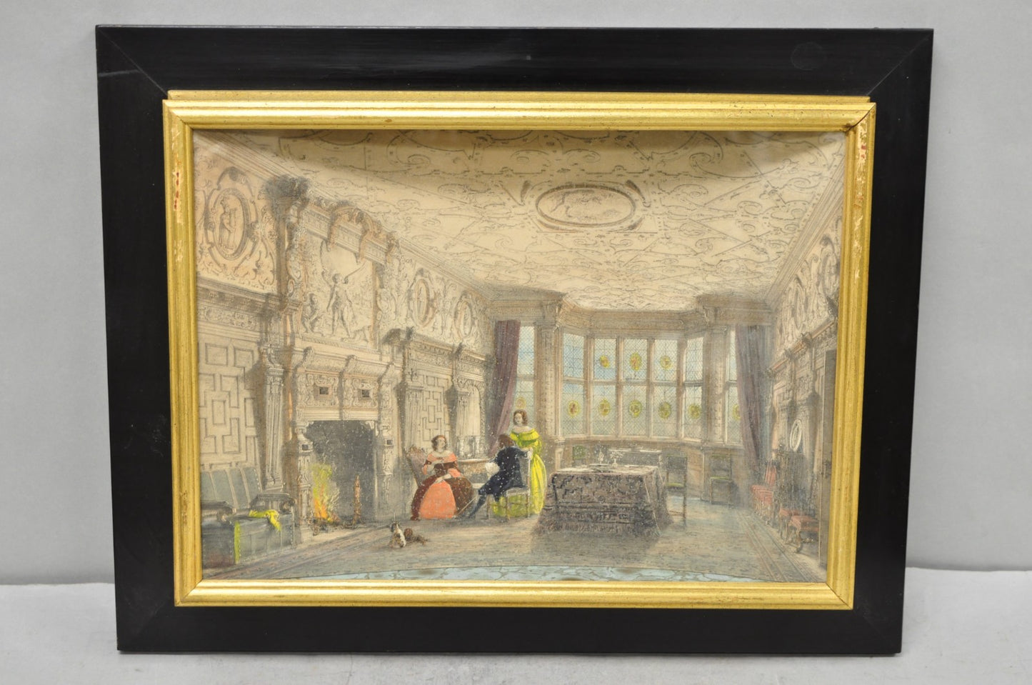 Antique Colored Lithograph 3D Frame Hall of Levens & Trophy Room Joseph Nash (2)