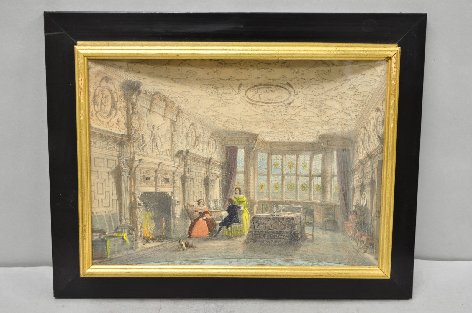 Antique Colored Lithograph 3D Frame Hall of Levens & Trophy Room Joseph Nash (2)
