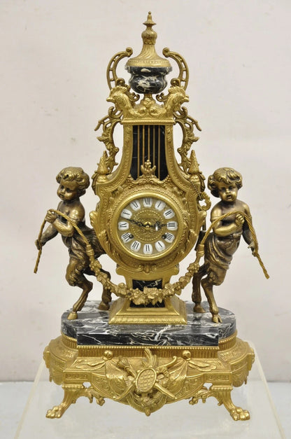 Vintage French Louis XV Style Brevettato Italy Brass & Marble Figural Clock Set