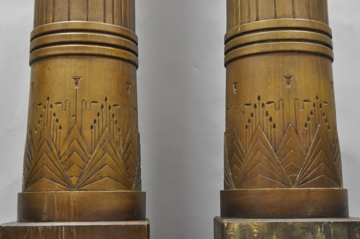 Antique Art Deco 75" Tall Wooden Pedestal Column Geometric Chevron Carved - Pair