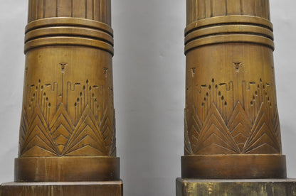 Antique Art Deco 75" Tall Wooden Pedestal Column Geometric Chevron Carved - Pair