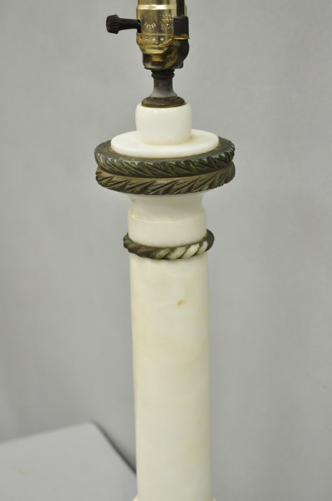 Antique Italian Classical White Carved Marble Empire Column Table Lamp