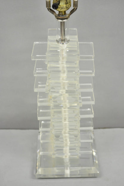 Vintage Mid Century Modern Lucite Acrylic Stacked Skyscraper Table Lamp