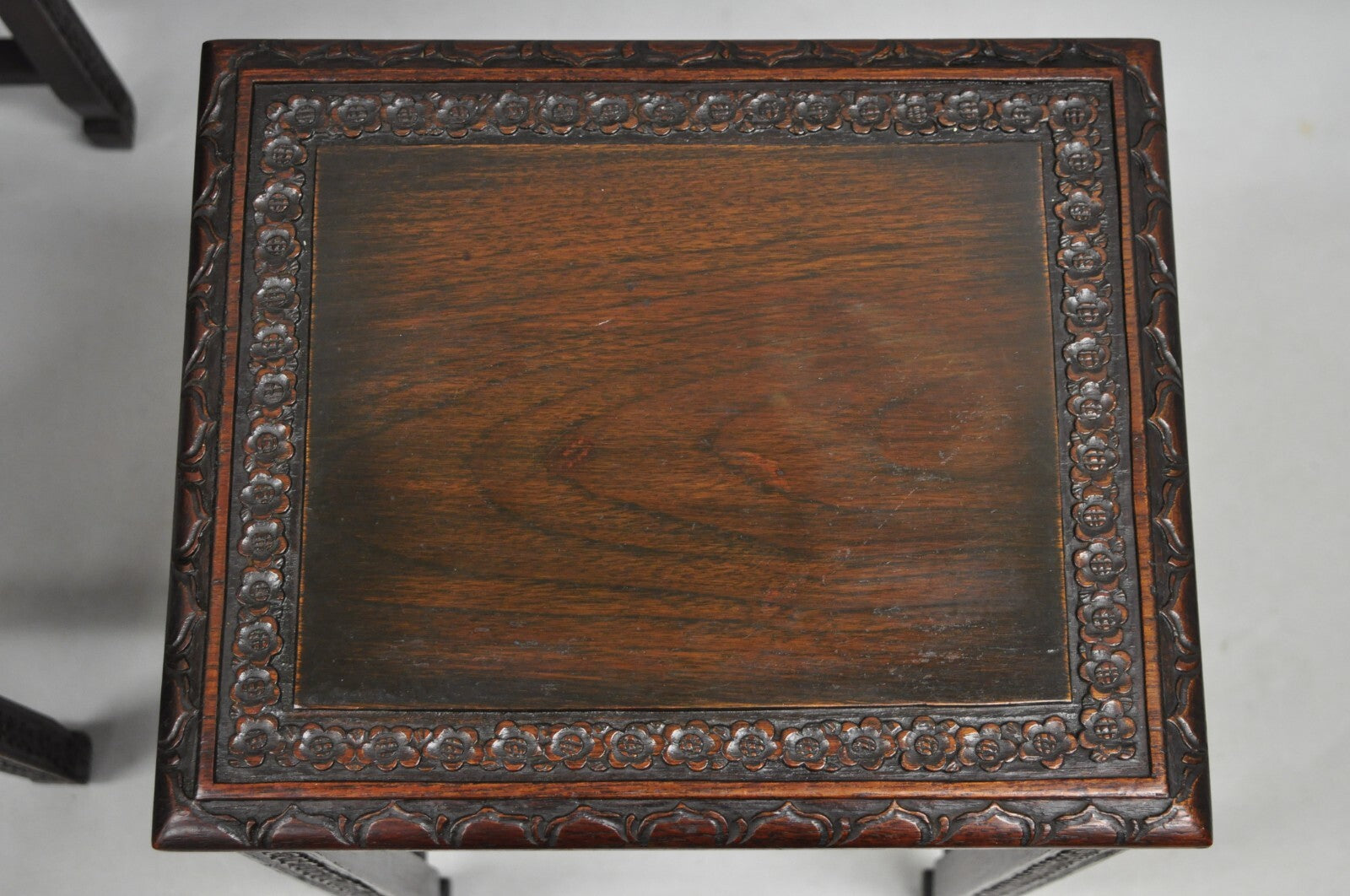 Antique Chinese Carved Rosewood Figural Nesting Side Tables w/ Drawer - 4 Pcs