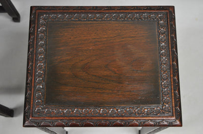 Antique Chinese Carved Rosewood Figural Nesting Side Tables w/ Drawer - 4 Pcs