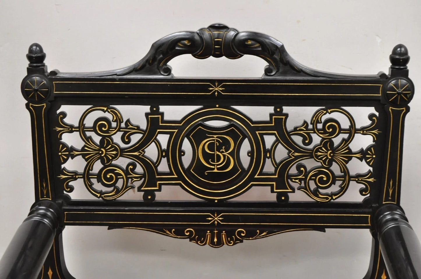 Antique Victorian Aesthetic Movement Ebonized Curule Throne Arm Chair with Lions