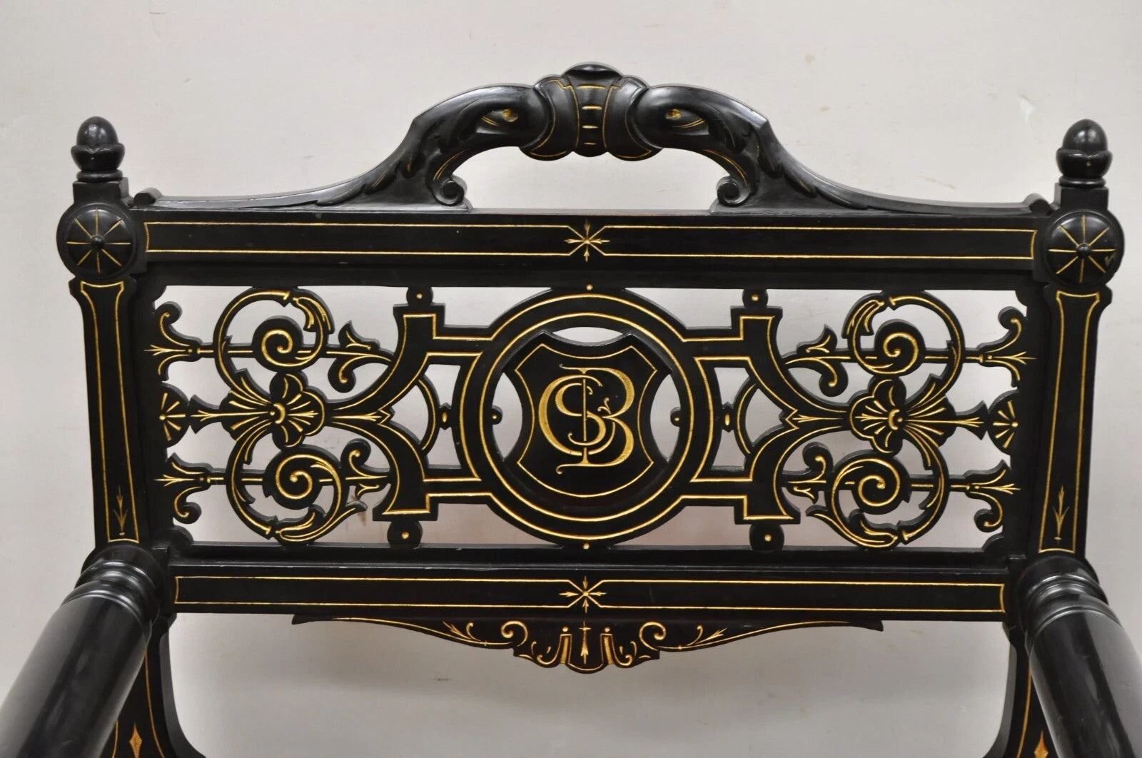 Antique Victorian Aesthetic Movement Ebonized Curule Throne Arm Chair with Lions