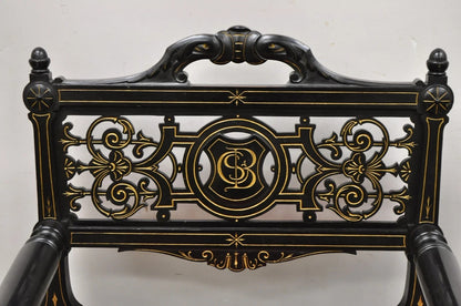 Antique Victorian Aesthetic Movement Ebonized Curule Throne Arm Chair with Lions