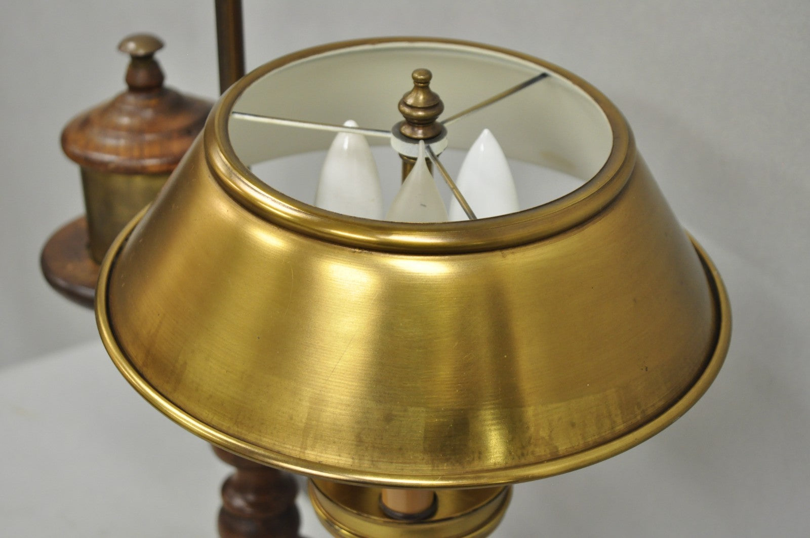 Vintage French Country Distressed Wood Brass Student Desk Lamp w/ Metal Shade