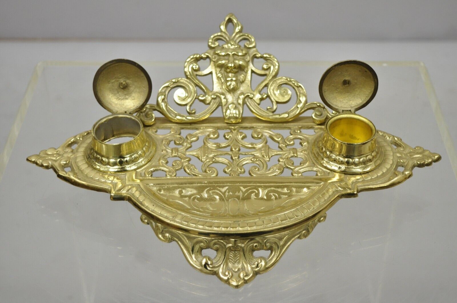 Vintage Brass Lion Head Italian Victorian Empire Double Pen Inkwell