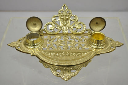 Vintage Brass Lion Head Italian Victorian Empire Double Pen Inkwell