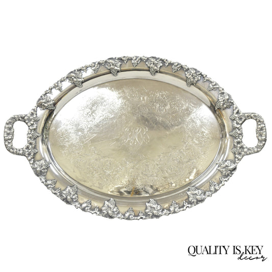 Antique English Victorian Silver Plated Grapevine Oval Bar Tray w/ Monogram