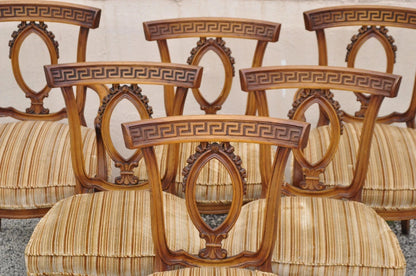 Vintage Italian Neoclassical Style Walnut Greek Key Dining Chairs - Set of 6
