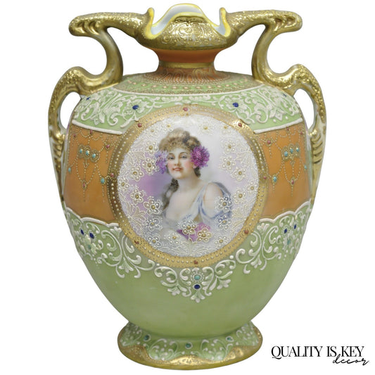 Antique Nippon Hand Painted Porcelain Green Moriage Twin Handle Portrait Vase