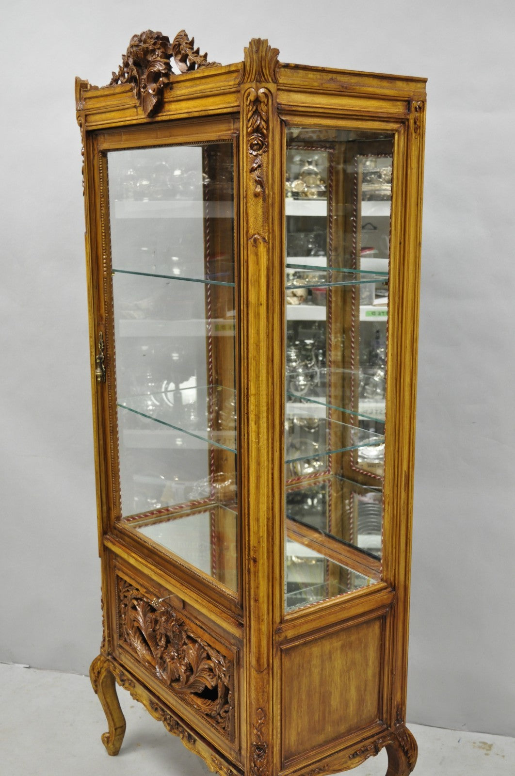 Vintage French Baroque Style Carved Wood & Glass Curio China Display Cabinet