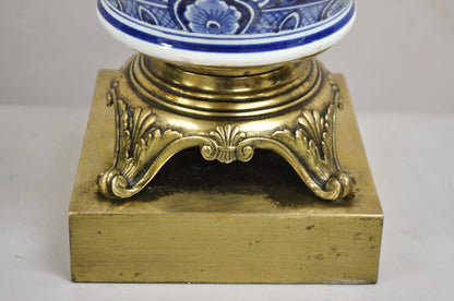 Vintage Chinoiserie Oriental Blue & White Brass & Porcelain Egg Table Lamp