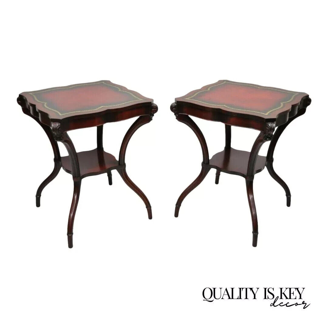 Vintage French Regency Style Red Leather Top Mahogany Lamp End Tables - a Pair