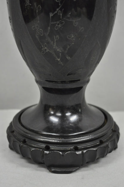 Vintage Carved Black Marble Small Oriental Urn Chinese Chinoiserie Table Lamp