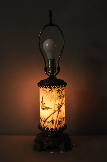 Art Nouveau Converted Oil Lamp Glass Cylinder Bird Painted Bronze Table Lamp