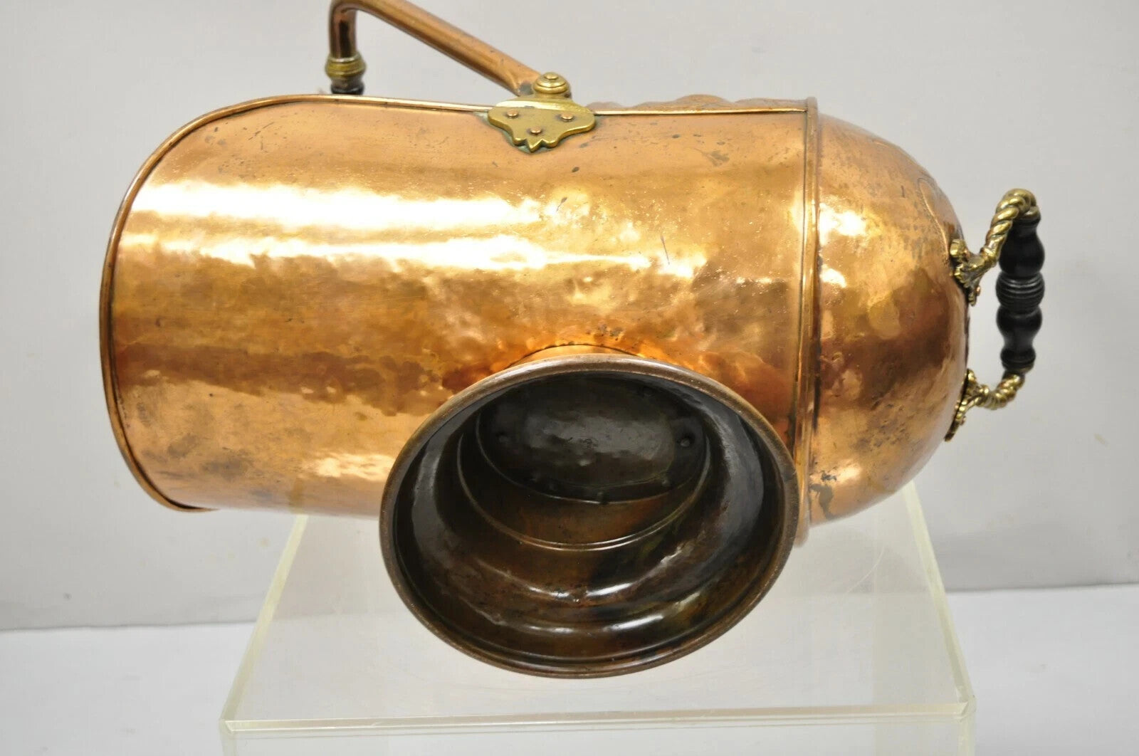 Antique English Victorian Floral Embossed Copper Helmet Coal Scuttle Bucket