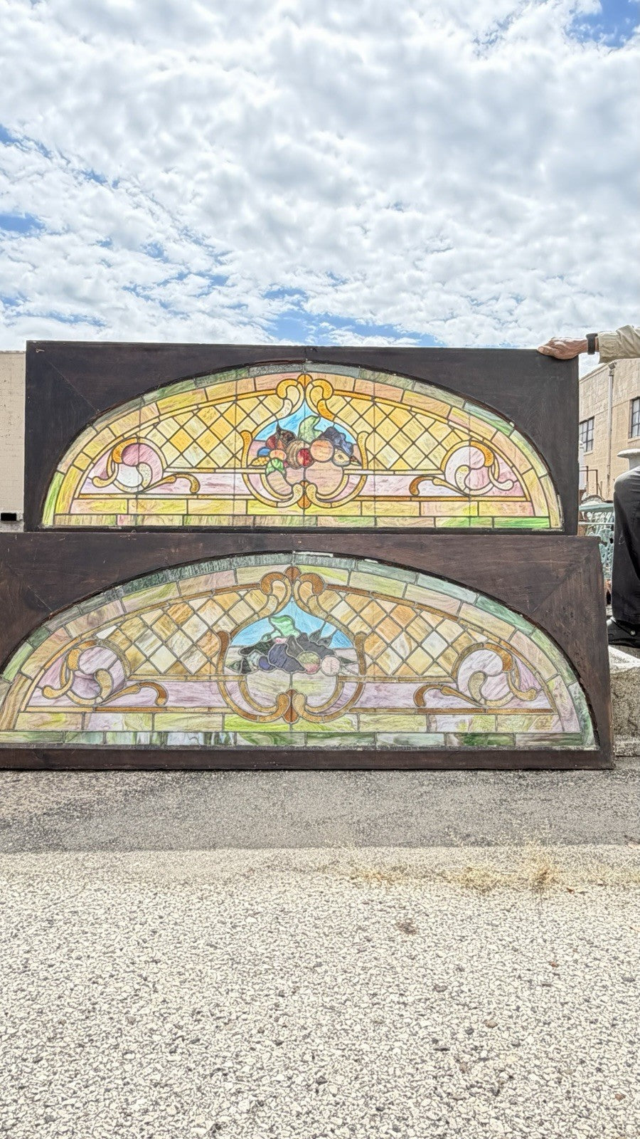 Antique Art Nouveau Colored Stained Glass Fruit 27 x 75 Arched Transom Window, B