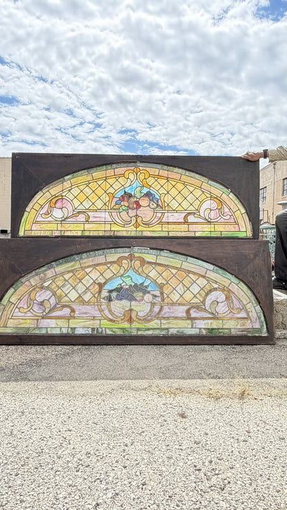 Antique Art Nouveau Colored Stained Glass Fruit 27 x 75 Arched Transom Window, B