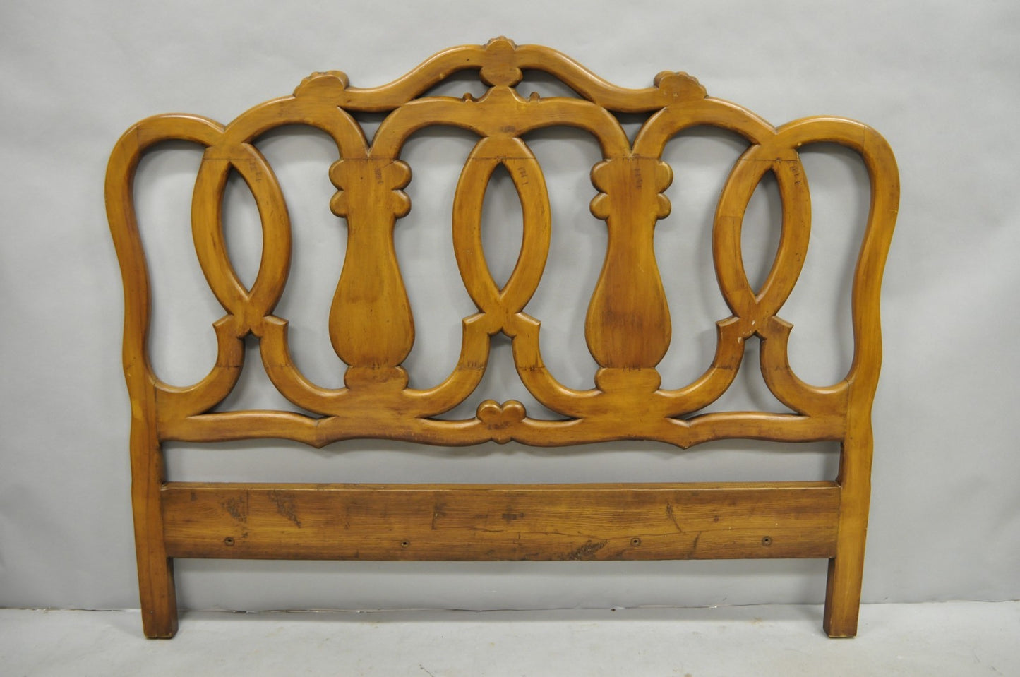 French Country Provincial Carved Fruitwood Walnut Scrolling Queen Bed Headboard