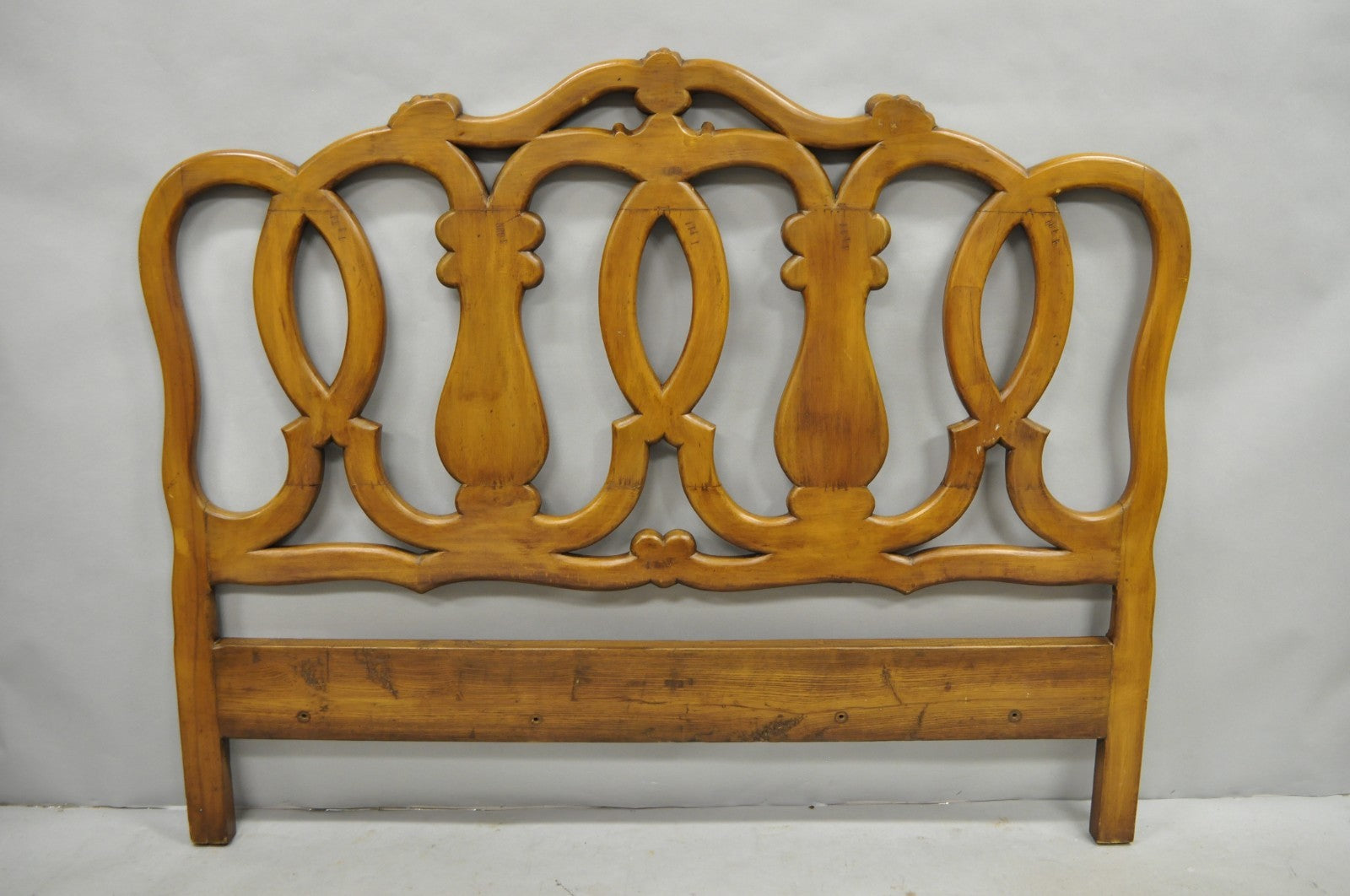 French Country Provincial Carved Fruitwood Walnut Scrolling Queen Bed Headboard